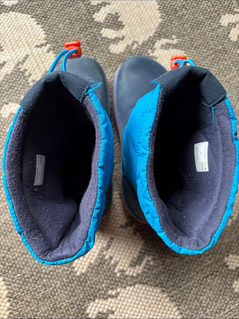 CROCS Kids Navy and Bright Blue Winter Boots with Orange Toggles